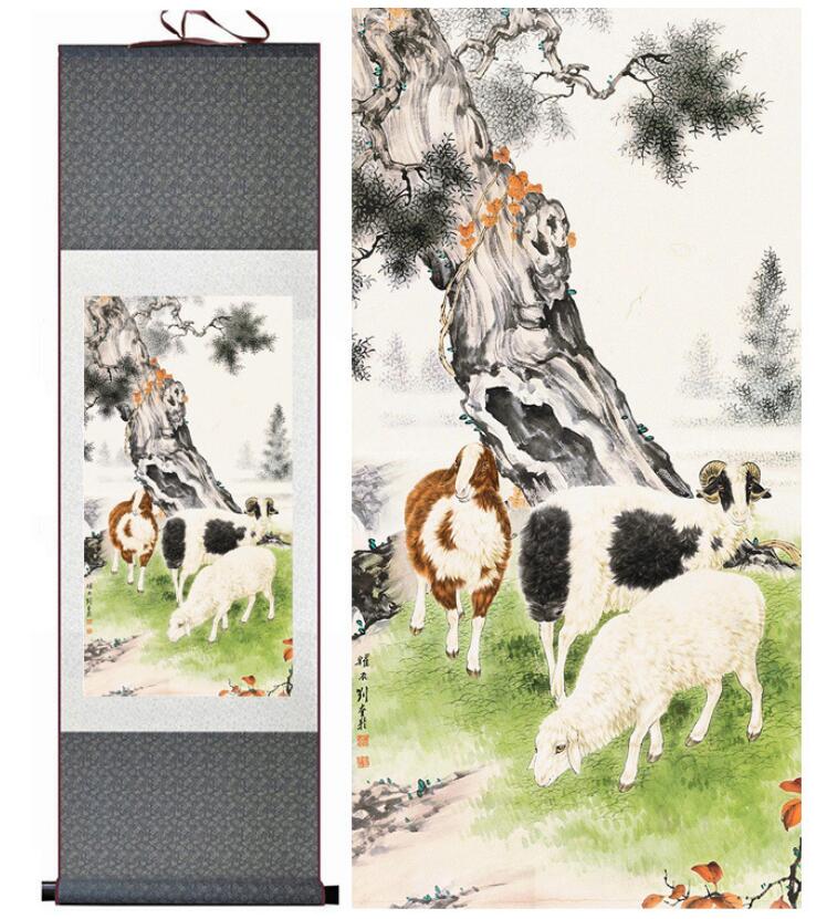 Chinese Art Scroll Painting Sheep Ancient Silk Picture Wall Ideas 12818-Chinese Style Finds™