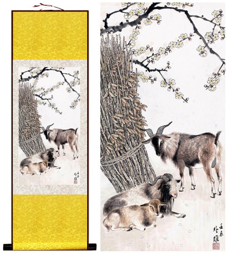 Chinese Art Scroll Painting Sheep Ancient Silk Picture Wall Ideas 12862-Chinese Style Finds™