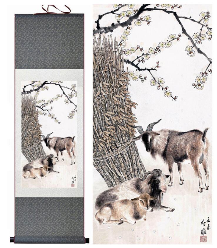 Chinese Art Scroll Painting Sheep Ancient Silk Picture Wall Ideas 12862-Chinese Style Finds™