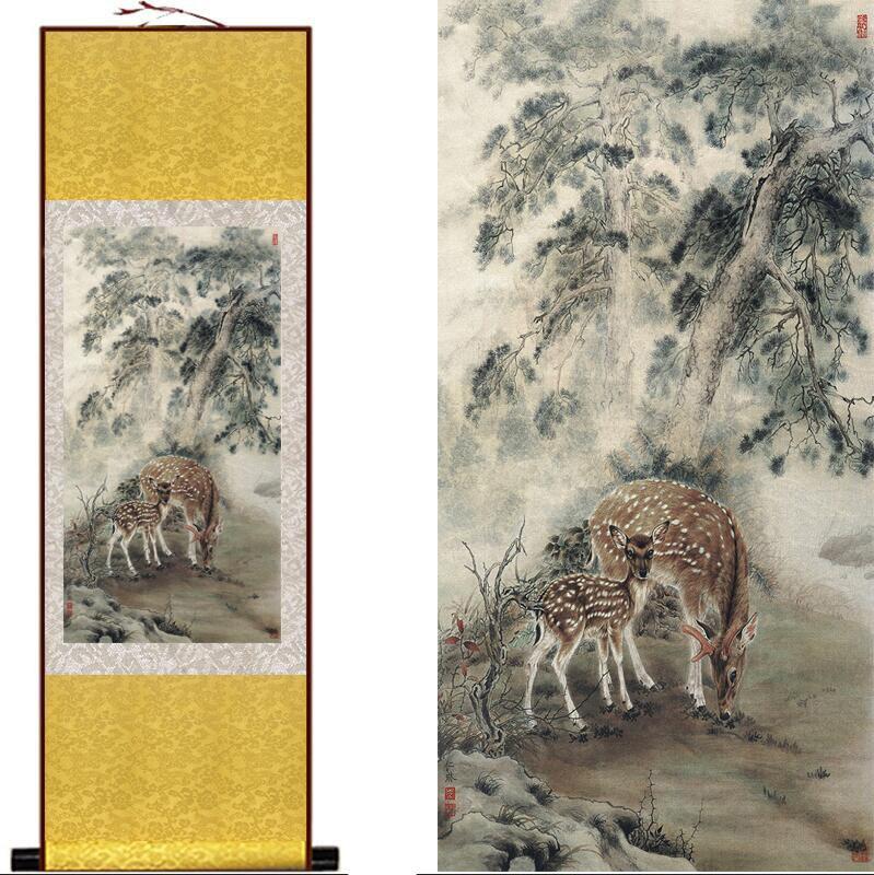 Chinese Art Scroll Painting Sika Deer Ancient Silk Picture Wall Ideas 12926-Chinese Style Finds™