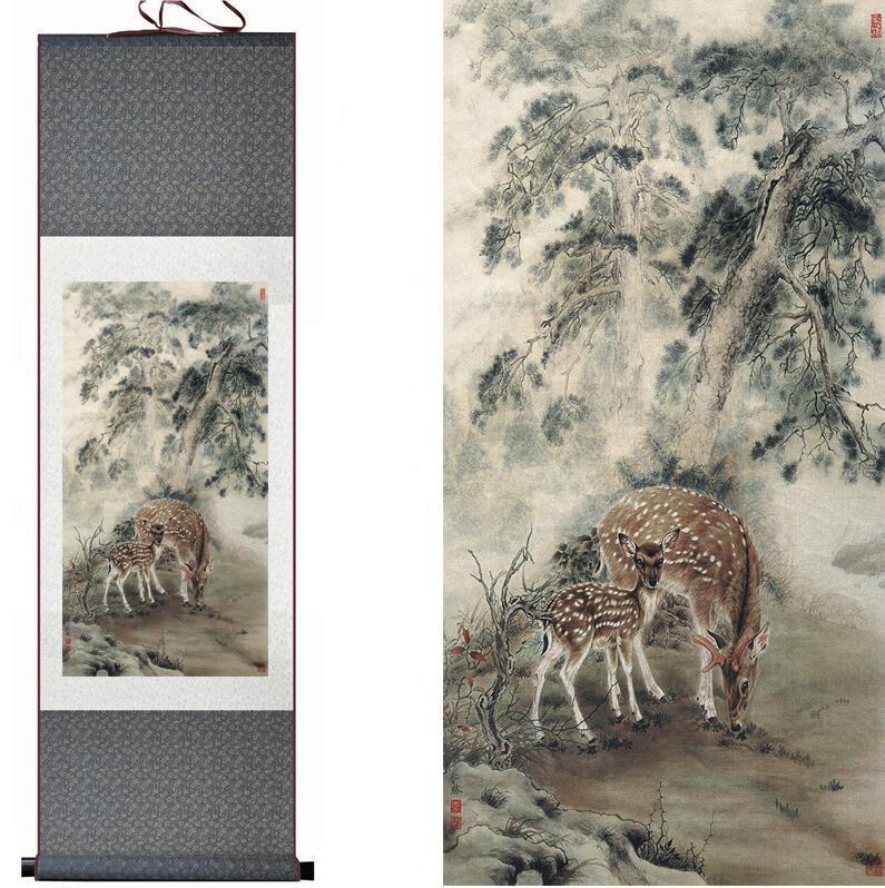 Chinese Art Scroll Painting Sika Deer Ancient Silk Picture Wall Ideas 12926-Chinese Style Finds™