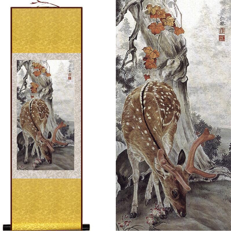 Chinese Art Scroll Painting Sika Deer Ancient Silk Picture Wall Ideas 12934-Chinese Style Finds™