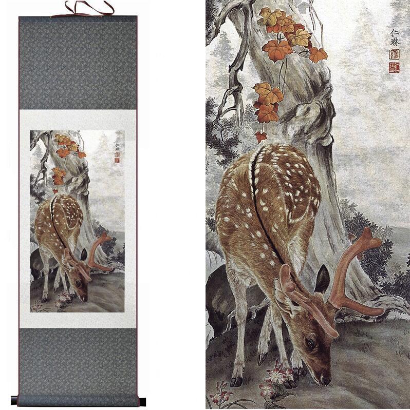 Chinese Art Scroll Painting Sika Deer Ancient Silk Picture Wall Ideas 12934-Chinese Style Finds™