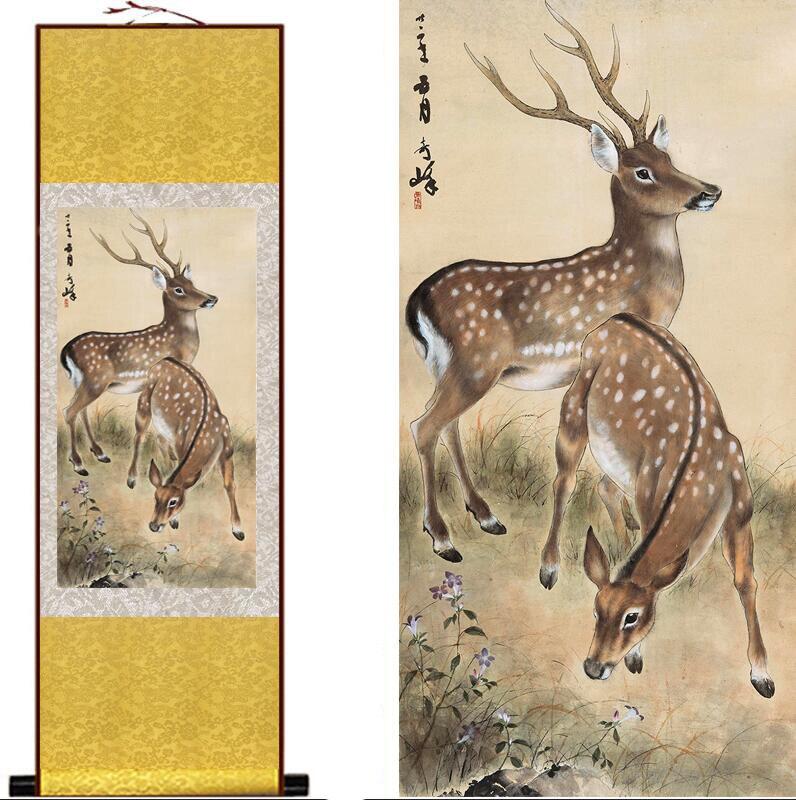 Chinese Art Scroll Painting Sika Deer Ancient Silk Picture Wall Ideas 12938-Chinese Style Finds™