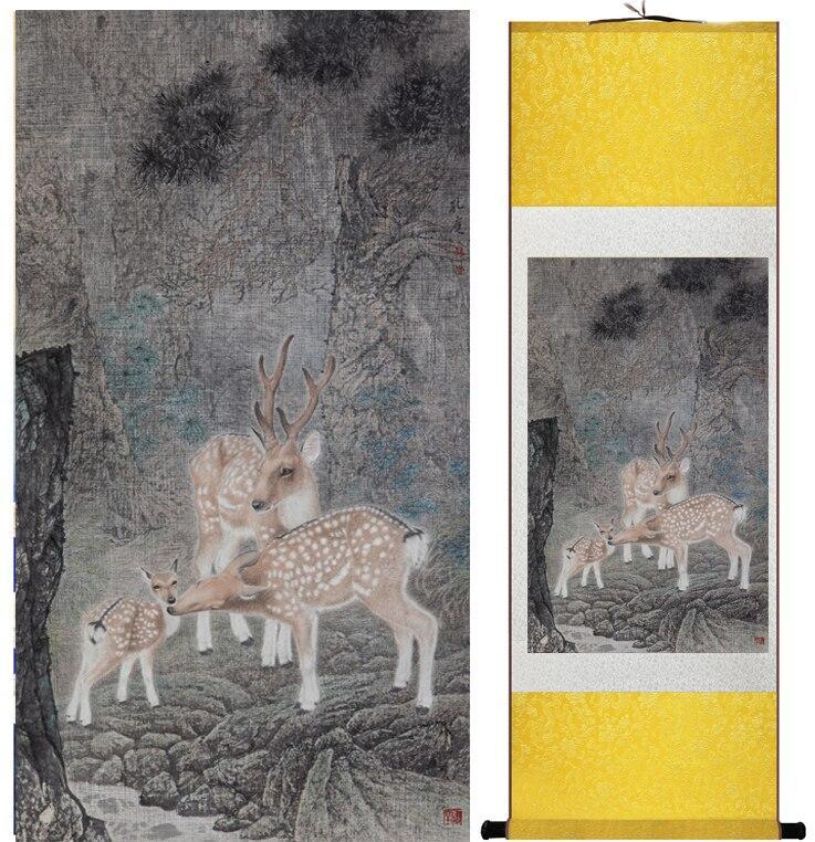 Chinese Art Scroll Painting Sika Deer Ancient Silk Picture Wall Ideas 12986-Chinese Style Finds™