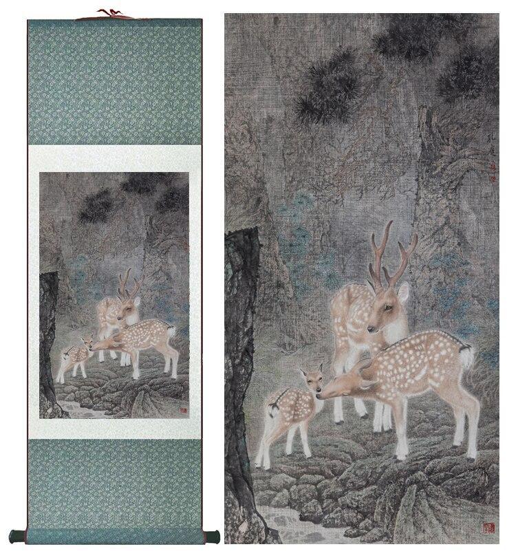 Chinese Art Scroll Painting Sika Deer Ancient Silk Picture Wall Ideas 12986-Chinese Style Finds™