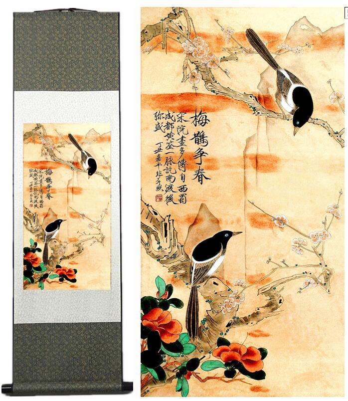 Chinese Art Scroll Painting Spring Animal Birds And Flower Ancient Silk Picture Wall Ideas 13550-Chinese Style Finds™