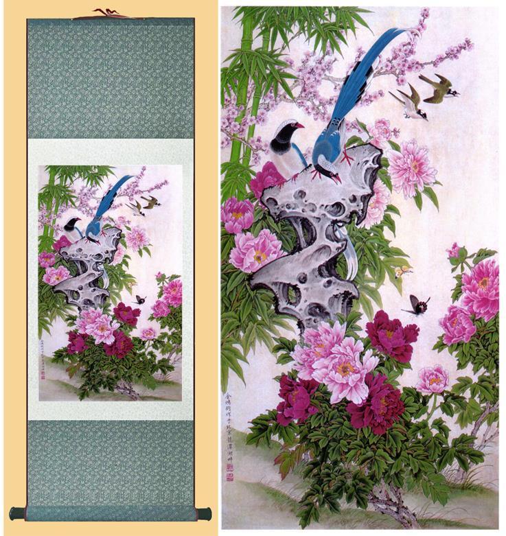 Chinese Art Scroll Painting Spring Animal Birds And Flower Mandarin Ancient Silk Picture Wall Ideas 10204-Chinese Style Finds™