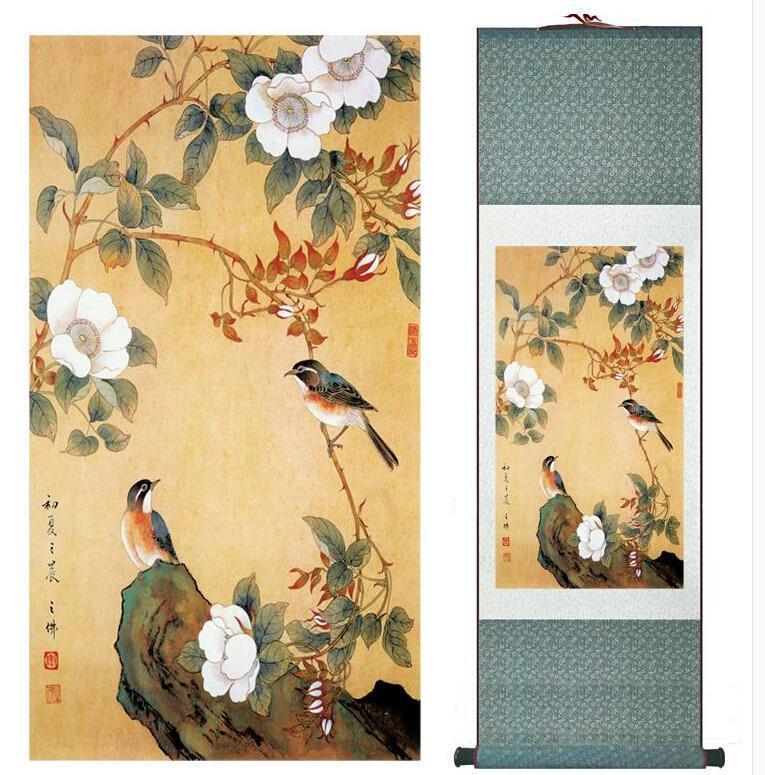 Chinese Art Scroll Painting Spring Animal Birds And Flowers Ancient Silk Picture Wall Ideas 10682-Chinese Style Finds™