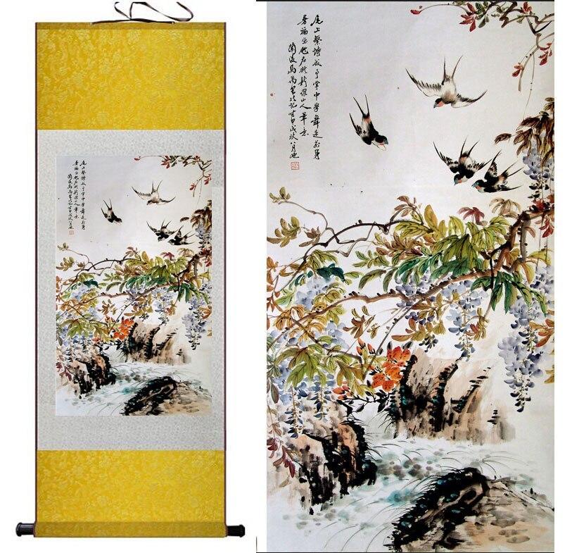 Chinese Art Scroll Painting Spring Animal Birds And Tree Swallow Ancient Silk Picture Wall Ideas 10526-Chinese Style Finds™