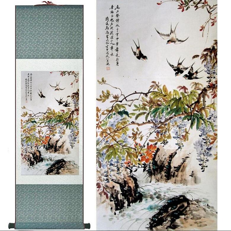 Chinese Art Scroll Painting Spring Animal Birds And Tree Swallow Ancient Silk Picture Wall Ideas 10526-Chinese Style Finds™