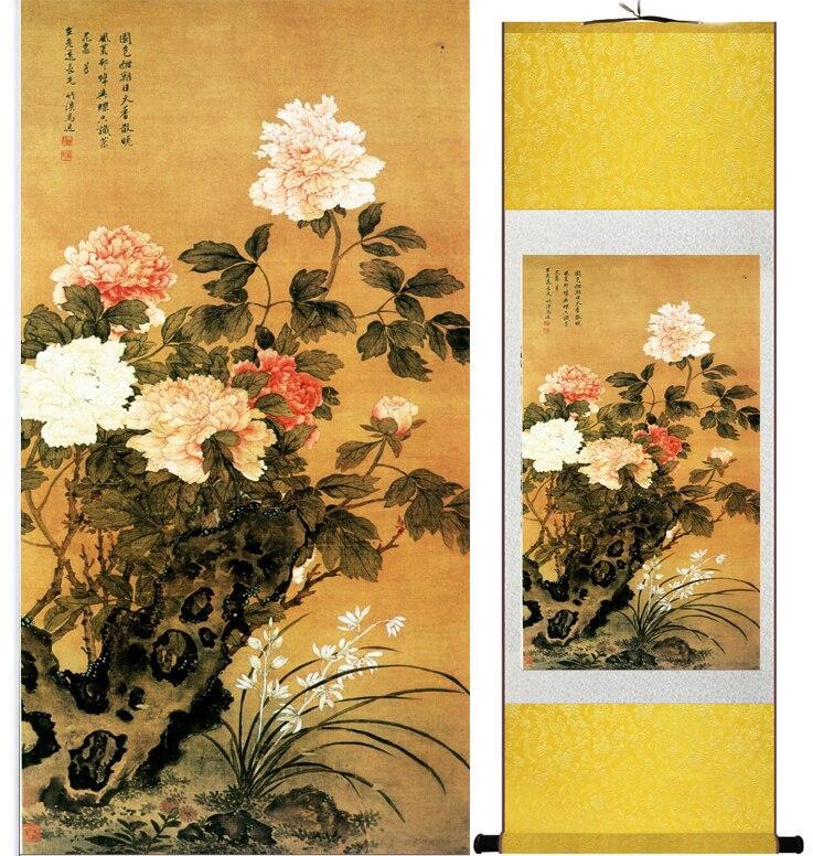 Chinese Art Scroll Painting Spring Flower Mudan Ancient Silk Picture Wall Ideas 13666-Chinese Style Finds™