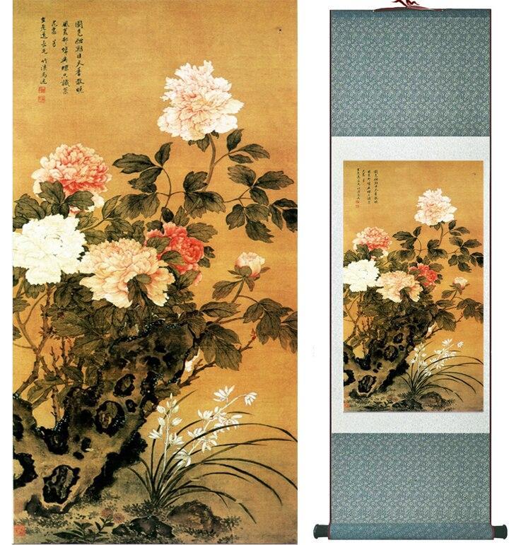 Chinese Art Scroll Painting Spring Flower Mudan Ancient Silk Picture Wall Ideas 13666-Chinese Style Finds™