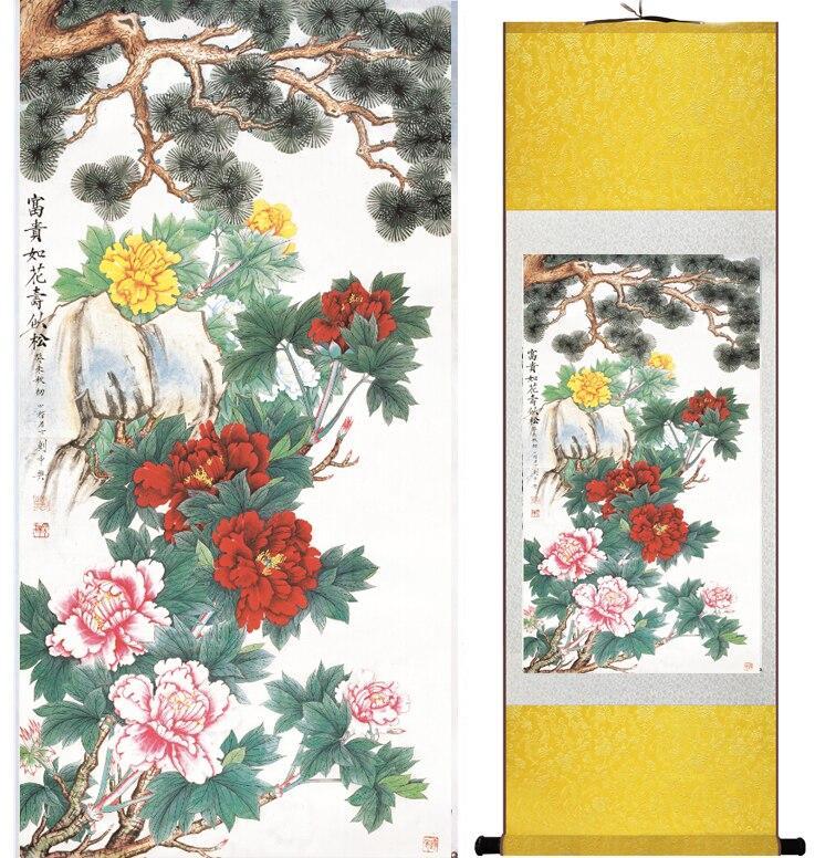 Chinese Art Scroll Painting Spring Flower Peony Mudan Ancient Silk Picture Wall Ideas 13374-Chinese Style Finds™