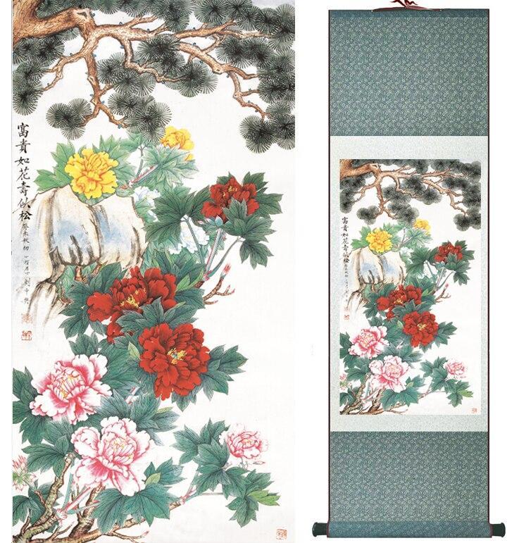 Chinese Art Scroll Painting Spring Flower Peony Mudan Ancient Silk Picture Wall Ideas 13374-Chinese Style Finds™