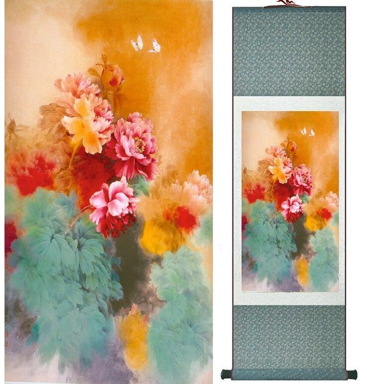 Chinese Art Scroll Painting Spring Flower Peony Mudan Ancient Silk Picture Wall Ideas 13674-Chinese Style Finds™