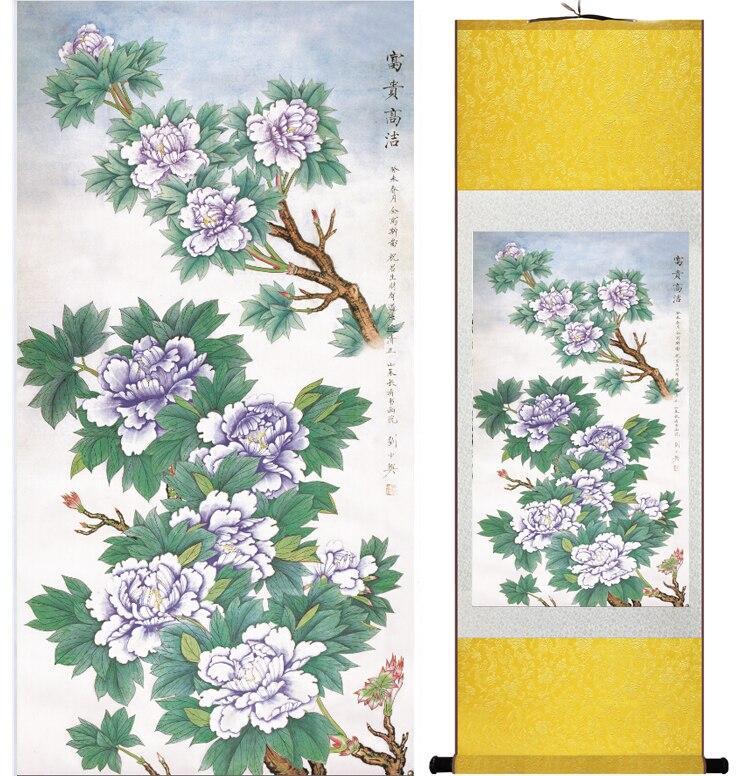 Chinese Art Scroll Painting Spring Flower Peony Mudan Ancient Silk Picture Wall Ideas 13678-Chinese Style Finds™