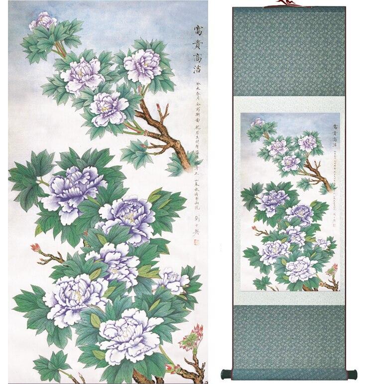 Chinese Art Scroll Painting Spring Flower Peony Mudan Ancient Silk Picture Wall Ideas 13678-Chinese Style Finds™