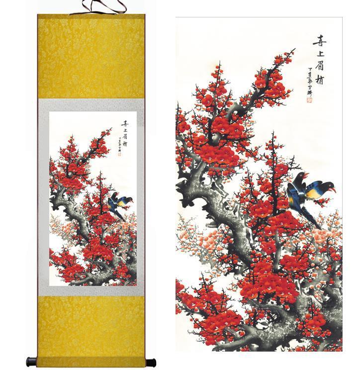 Chinese Art Scroll Painting Spring Flowers And Animal Birds Ancient Silk Picture Wall Ideas 10346-Chinese Style Finds™