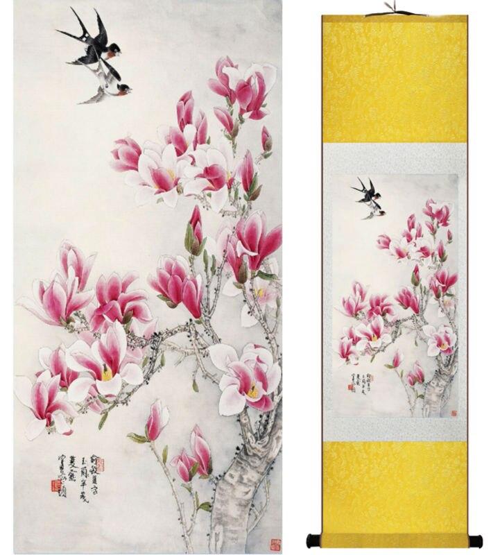 Chinese Art Scroll Painting Spring Swallow And Magnolia Flower Ancient Silk Picture Wall Ideas 14202-Chinese Style Finds™