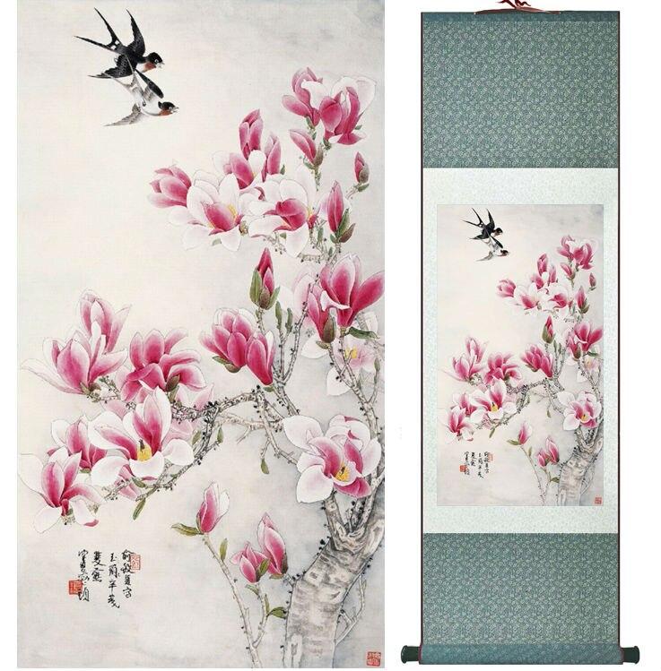 Chinese Art Scroll Painting Spring Swallow And Magnolia Flower Ancient Silk Picture Wall Ideas 14202-Chinese Style Finds™