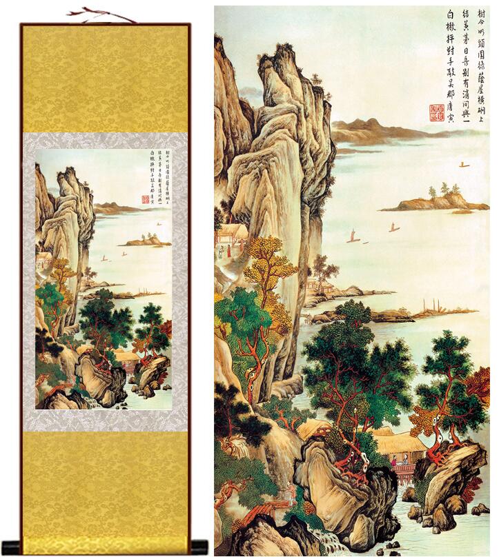 Chinese Art Scroll Painting Tangbohu Landscape Ancient Silk Picture Wall Ideas 13514-Chinese Style Finds™