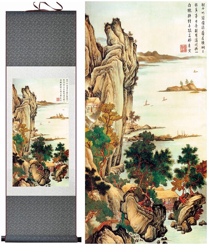 Chinese Art Scroll Painting Tangbohu Landscape Ancient Silk Picture Wall Ideas 13514-Chinese Style Finds™