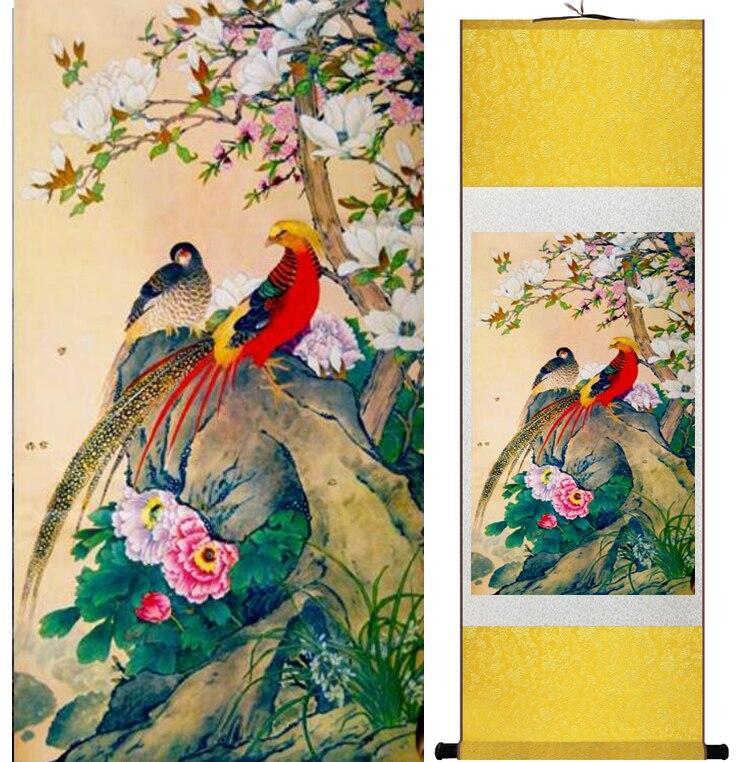 Chinese Art Scroll Painting Two Animal Birds Under Tree Ancient Silk Picture Wall Ideas 10366-Chinese Style Finds™