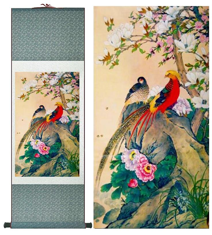 Chinese Art Scroll Painting Two Animal Birds Under Tree Ancient Silk Picture Wall Ideas 10366-Chinese Style Finds™