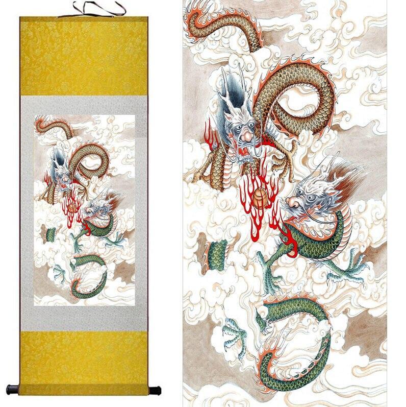 Chinese Art Scroll Painting Two Dragons Playing Fire Ball Ancient Silk Picture Wall Ideas 10984-Chinese Style Finds™