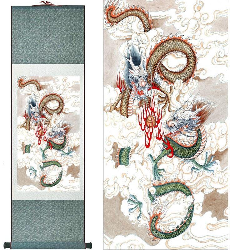 Chinese Art Scroll Painting Two Dragons Playing Fire Ball Ancient Silk Picture Wall Ideas 10984-Chinese Style Finds™