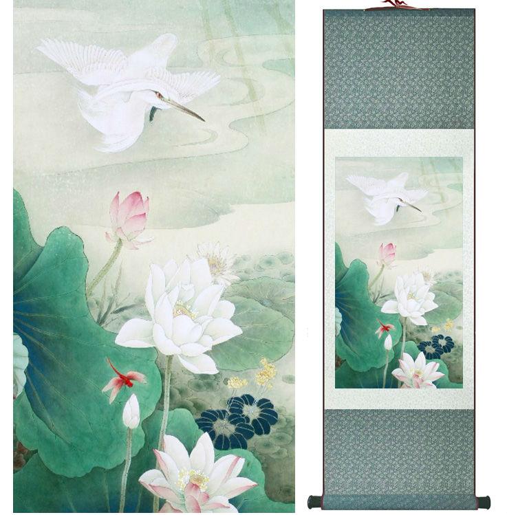 Chinese Art Scroll Painting Water Lily And Animal Birds Ancient Silk Picture Wall Ideas 13790-Chinese Style Finds™