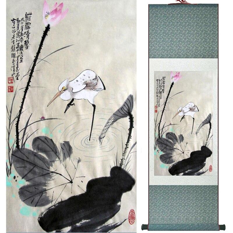 Chinese Art Scroll Painting Water Lily Flower Ancient Silk Picture Wall Ideas 16448-Chinese Style Finds™