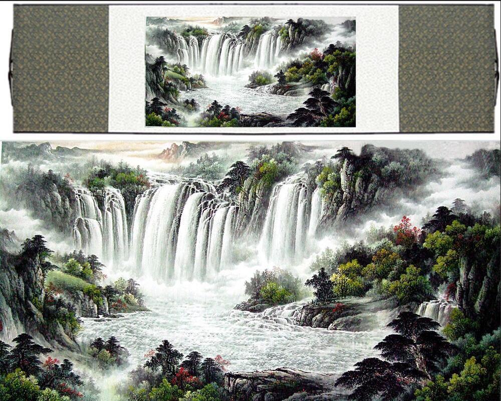 Chinese Art Scroll Painting Waterfall Landscape Mountain And River Ancient Silk Picture Wall Ideas 12062-Chinese Style Finds™