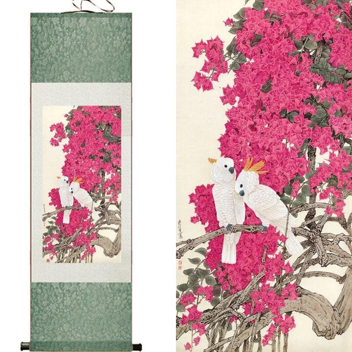 Chinese Art Scroll Painting White Animal Birds And Beautiful Flowers Ancient Silk Picture Wall Ideas 11078-Chinese Style Finds™