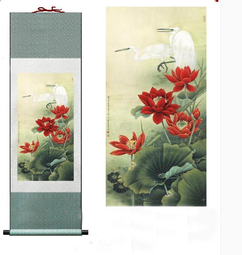 Chinese Art Scroll Painting White Animal Birds And Red Flowers Ancient Silk Picture Wall Ideas 10692-Chinese Style Finds™