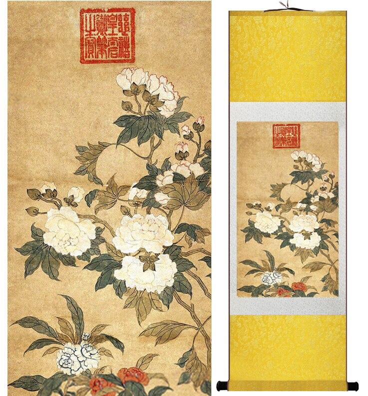 Chinese Art Scroll Painting White Peony Flower Ancient Silk Picture Wall Ideas 11786-Chinese Style Finds™