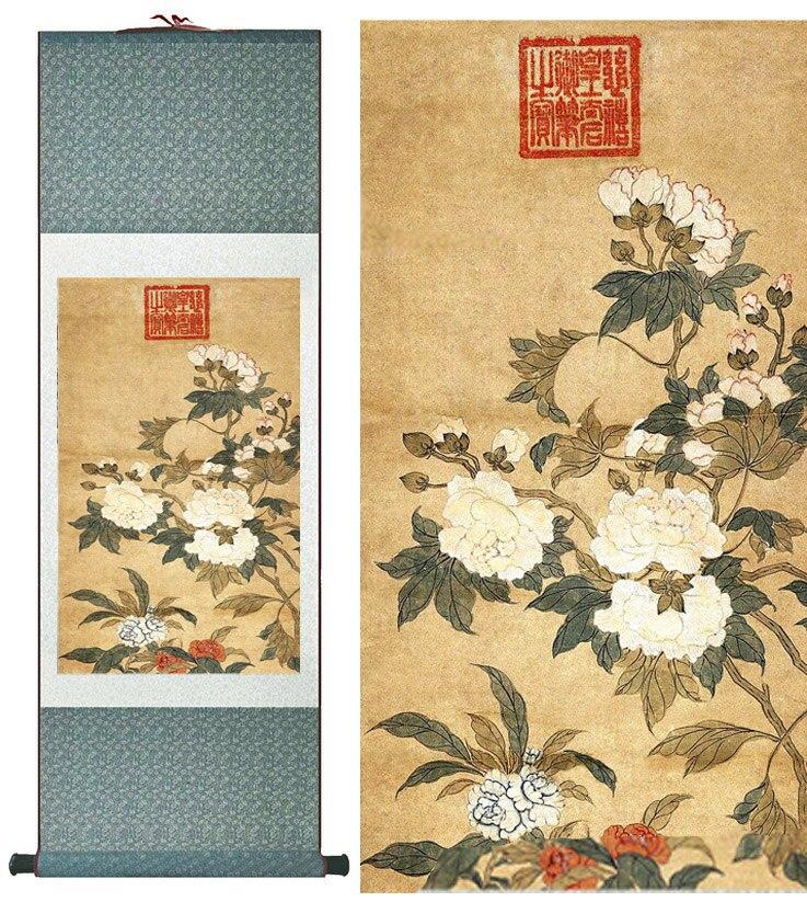 Chinese Art Scroll Painting White Peony Flower Ancient Silk Picture Wall Ideas 11786-Chinese Style Finds™