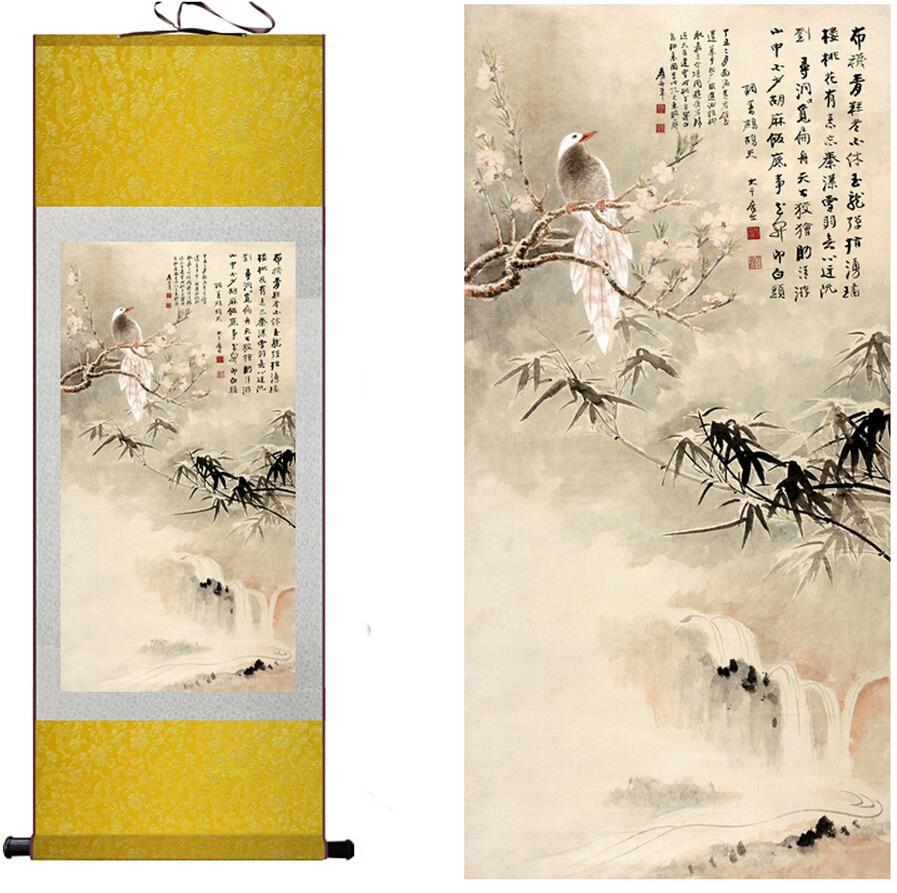 Chinese Art Scroll Painting Winter Bird On Tree Ancient Silk Picture Wall Ideas 10308-Chinese Style Finds™