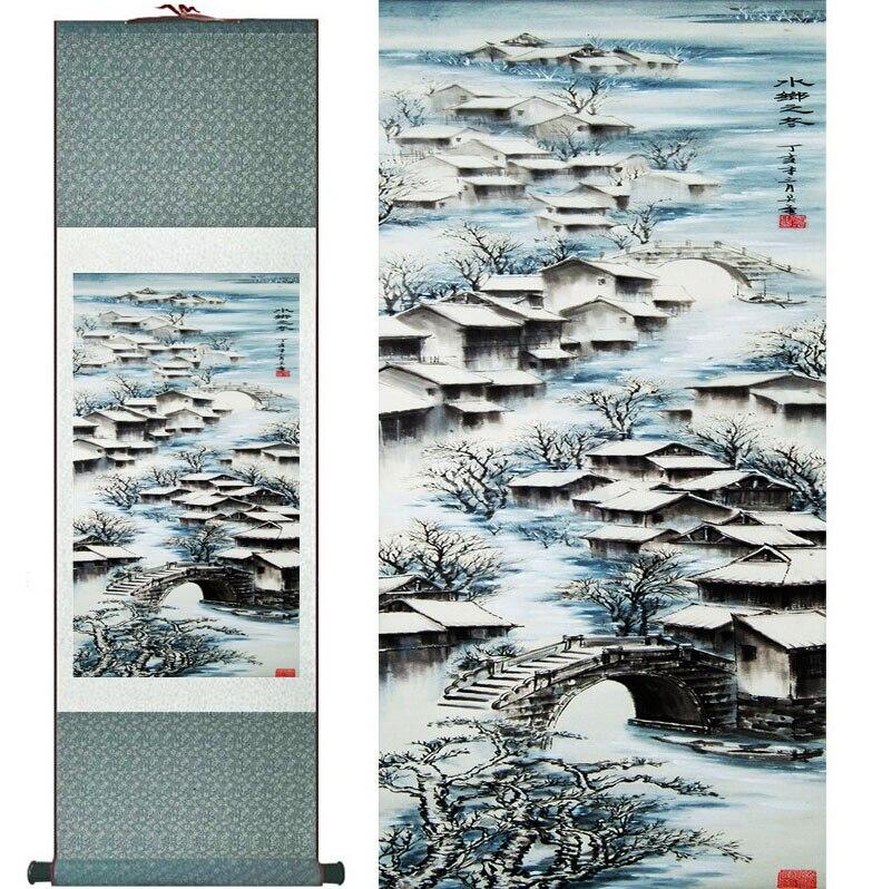 Chinese Art Scroll Painting Winter Mountain And River Ancient Silk Picture Wall Ideas 11166-Chinese Style Finds™