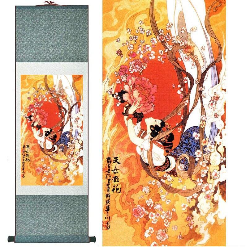 Chinese Art Scroll Painting Woman Fairy Sending Flowers Ancient Silk Picture Wall Ideas 12434-Chinese Style Finds™