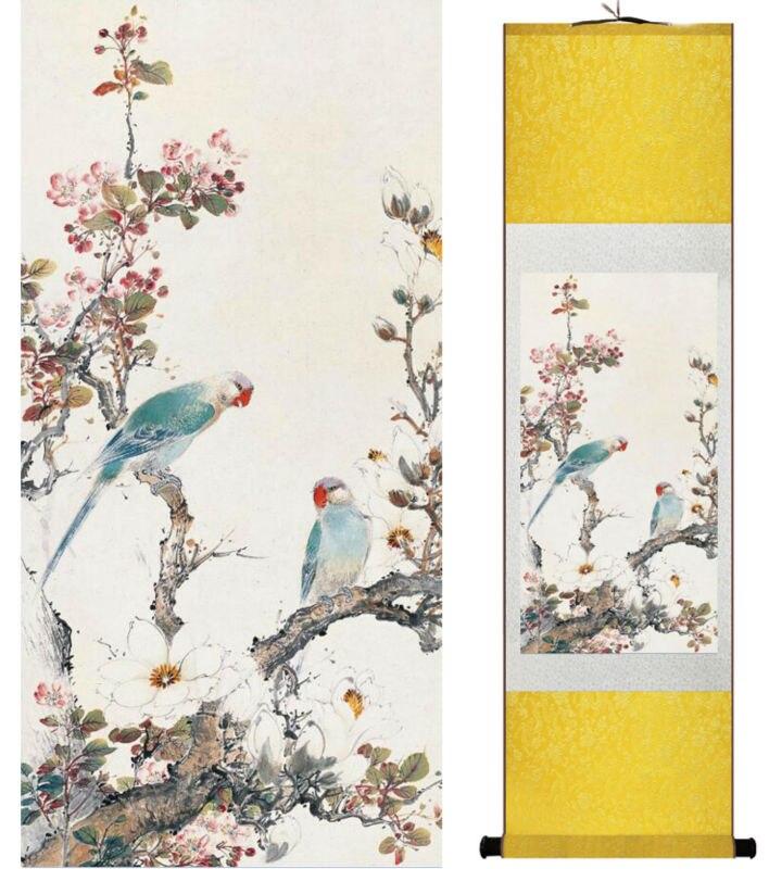 Chinese Art Scroll Painting Yanbolong Bird And Flower Ancient Silk Picture Wall Ideas 14338-Chinese Style Finds™