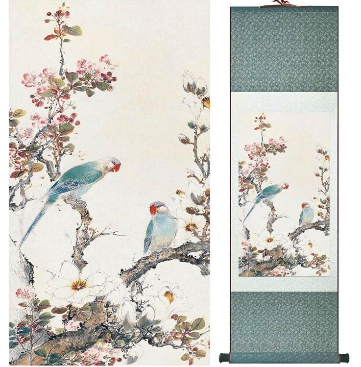 Chinese Art Scroll Painting Yanbolong Bird And Flower Ancient Silk Picture Wall Ideas 14338-Chinese Style Finds™