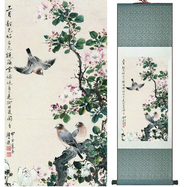 Chinese Art Scroll Painting Yanbolong Bird And Flower Ancient Silk Picture Wall Ideas 14342-Chinese Style Finds™