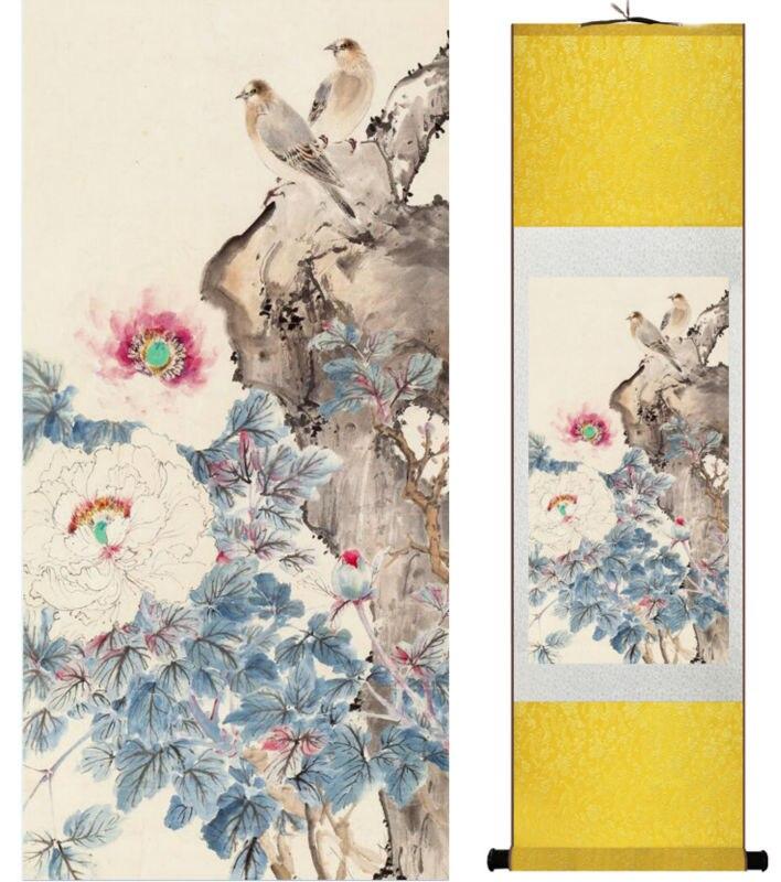 Chinese Art Scroll Painting Yanbolong Bird And Flower Ancient Silk Picture Wall Ideas 14346-Chinese Style Finds™