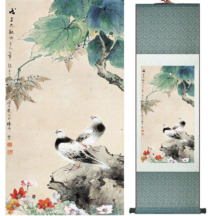 Chinese Art Scroll Painting Yanbolong Bird And Flower Ancient Silk Picture Wall Ideas 14350-Chinese Style Finds™