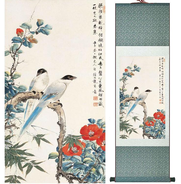 Chinese Art Scroll Painting Yanbolong Bird And Flower Ancient Silk Picture Wall Ideas 14362-Chinese Style Finds™