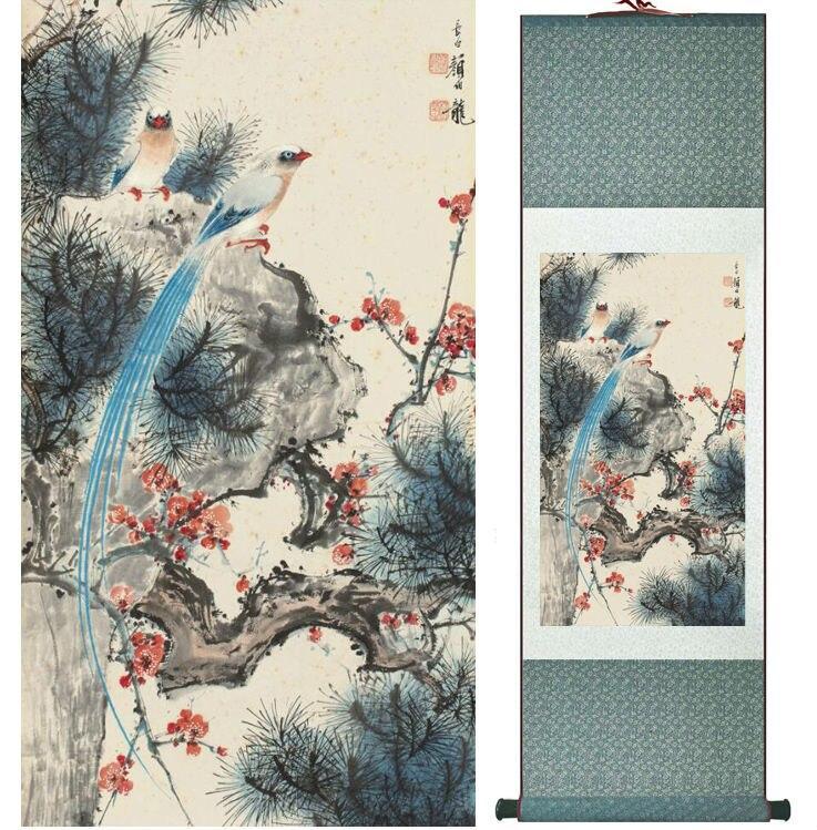 Chinese Art Scroll Painting Yanbolong Bird And Flower Ancient Silk Picture Wall Ideas 14366-Chinese Style Finds™