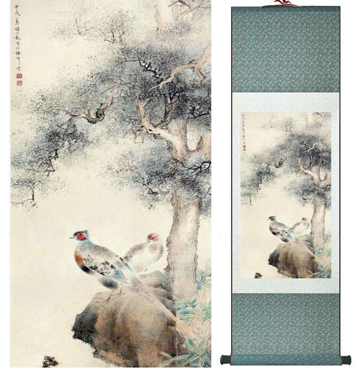 Chinese Art Scroll Painting Yanbolong Bird And Flower Ancient Silk Picture Wall Ideas 14754-Chinese Style Finds™