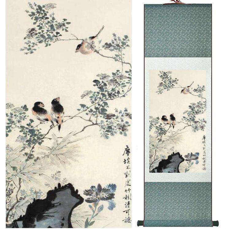 Chinese Art Scroll Painting Yanbolong Bird And Flower Ancient Silk Picture Wall Ideas 14758-Chinese Style Finds™